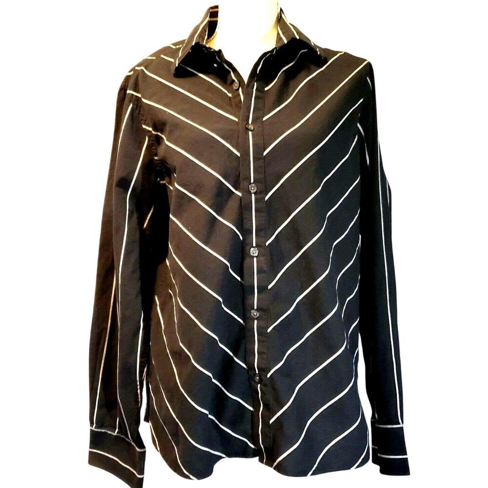 Kenneth Cole Top Size M Black & Gray Striped 100% Cotton Retro Classic Button Up